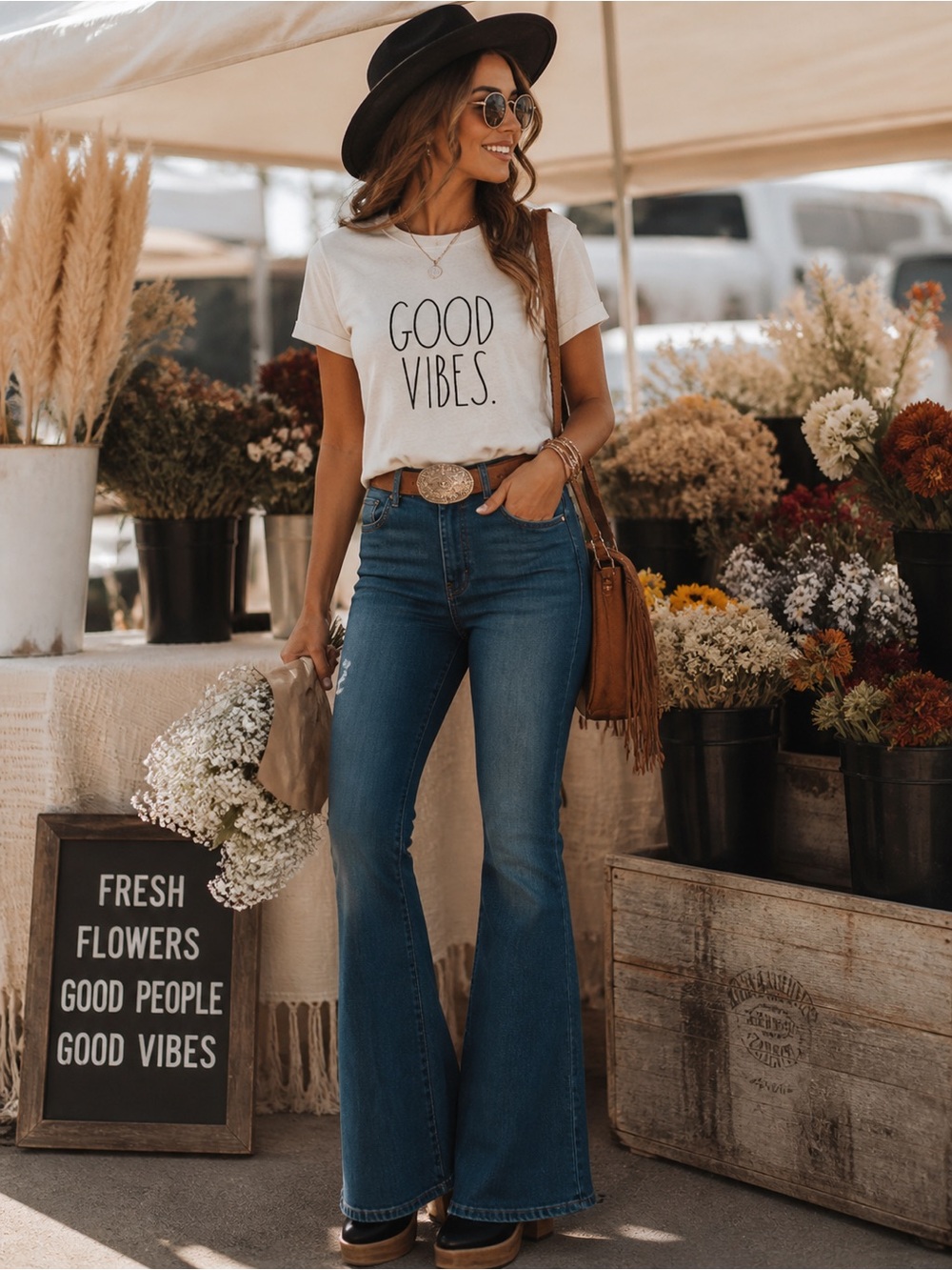 Rae Dunn “Good Vibes” Tee Boho Western Graphic Top | Boutique Style | Size L
